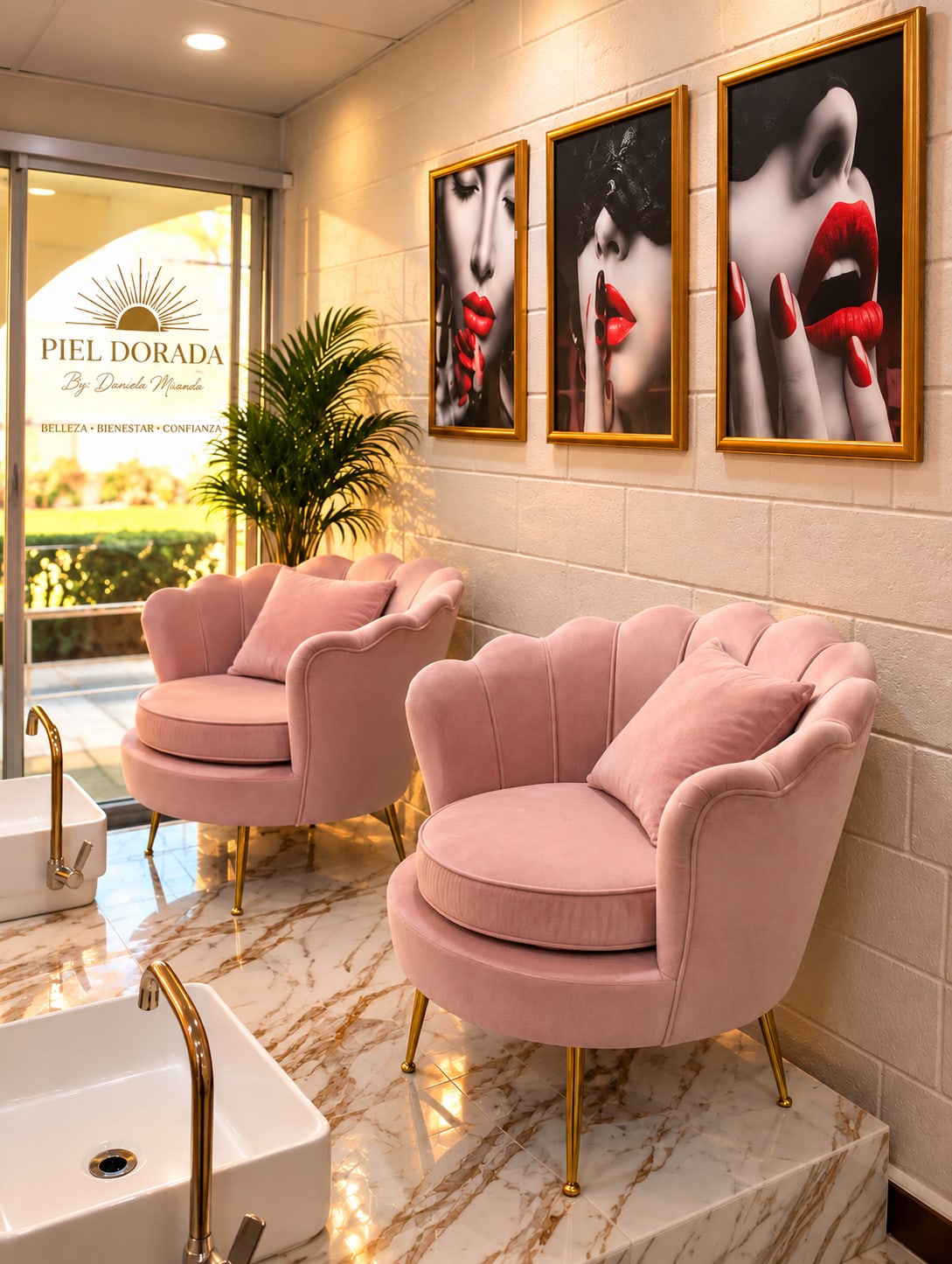 Sillones rosados y lavapiés de mármol con grifería dorada en Piel Dorada