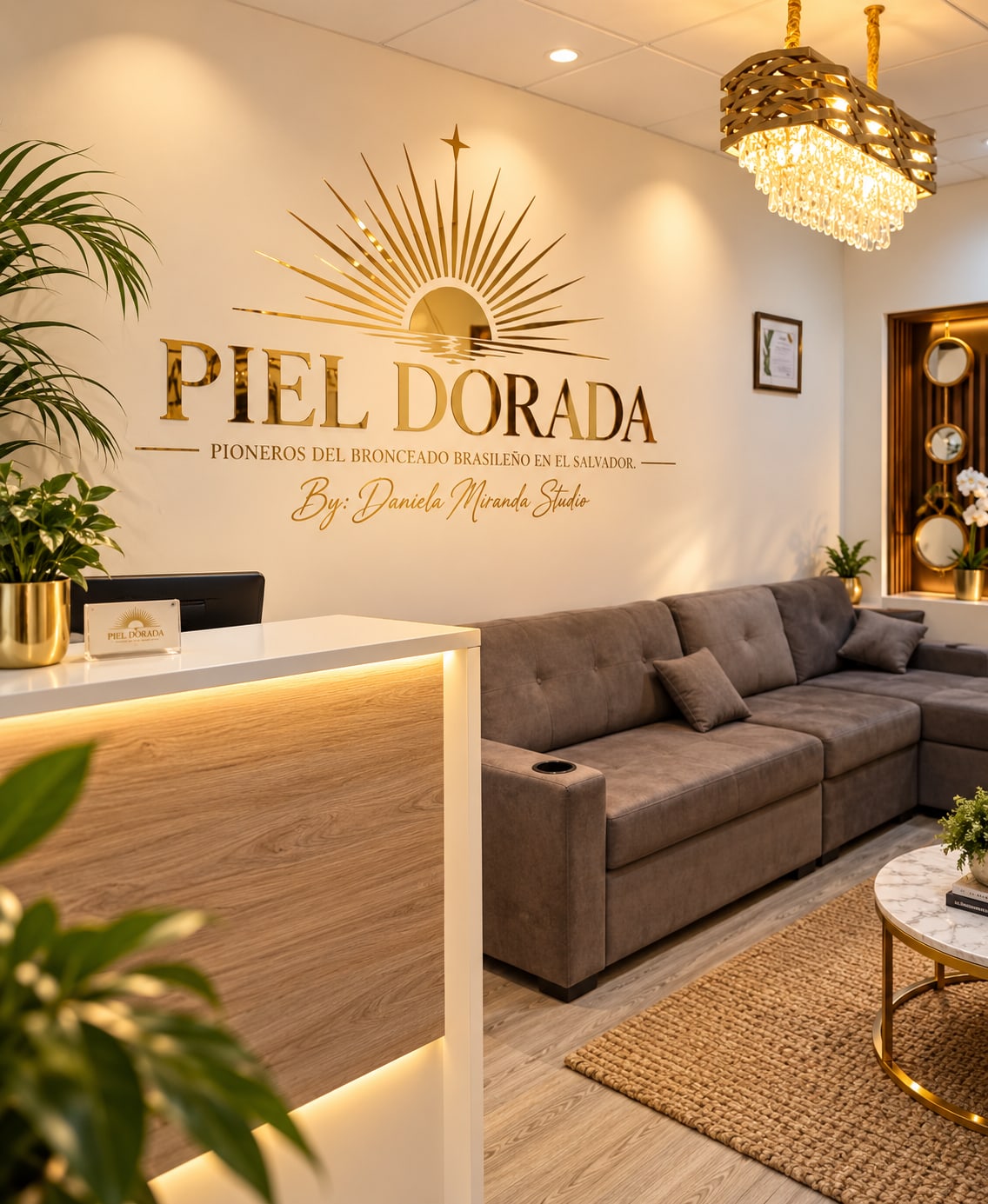 Recepción de Piel Dorada con su emblema dorado, luz cálida y detalles naturales